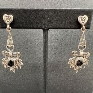 Sterling Silver Marcasite Bow Earrings Black Onyx Cabochon Heart Dangles Vintage